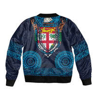 Fiji Coat of Arms Traditional Dashiki Bomber Jacket Tapa Art and Palm Leaves Pattern Dark Navy Color LT03 - Polynesian Pride