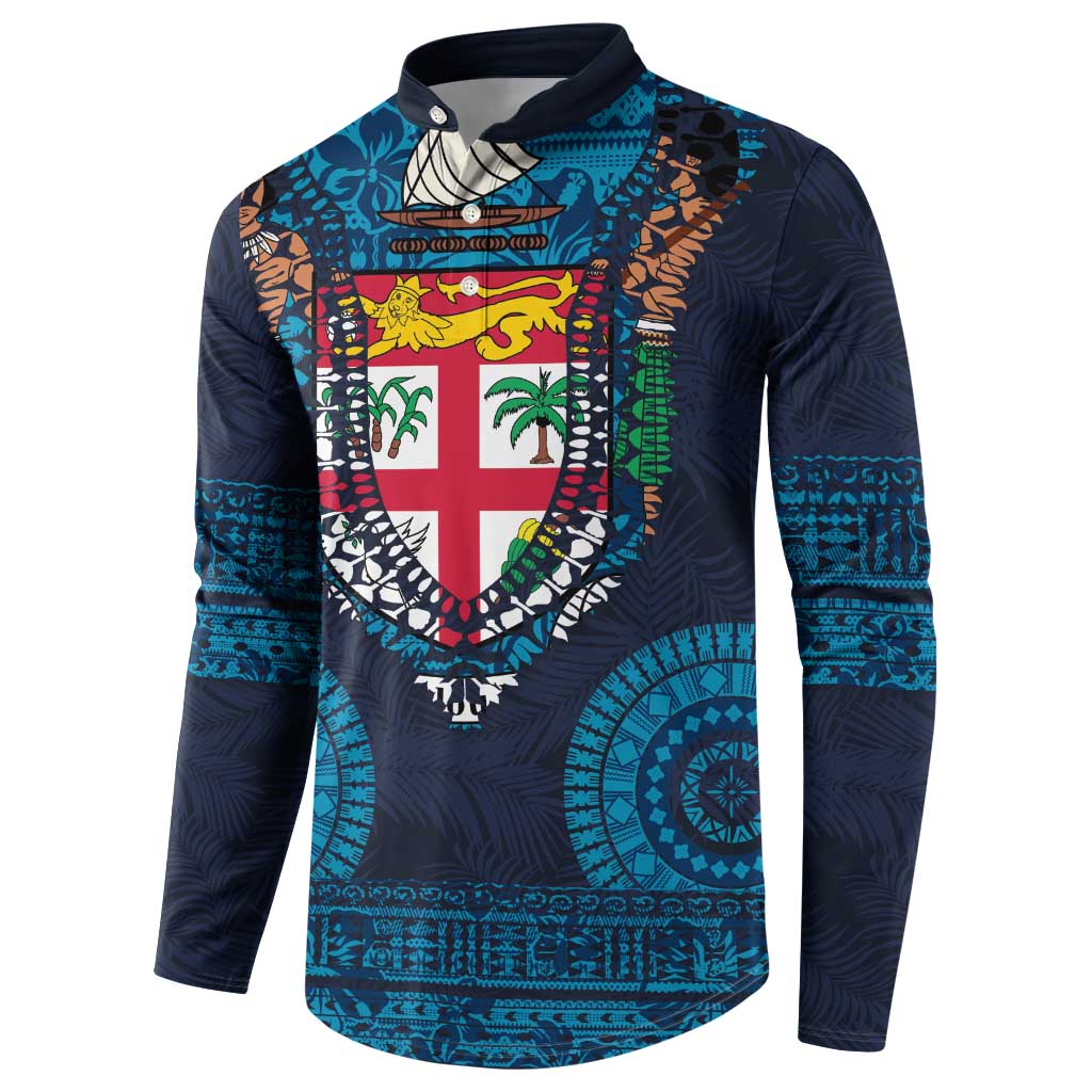 Fiji Coat of Arms Traditional Dashiki Button Sweatshirt Tapa Art and Palm Leaves Pattern Dark Navy Color - Polynesian Pride
