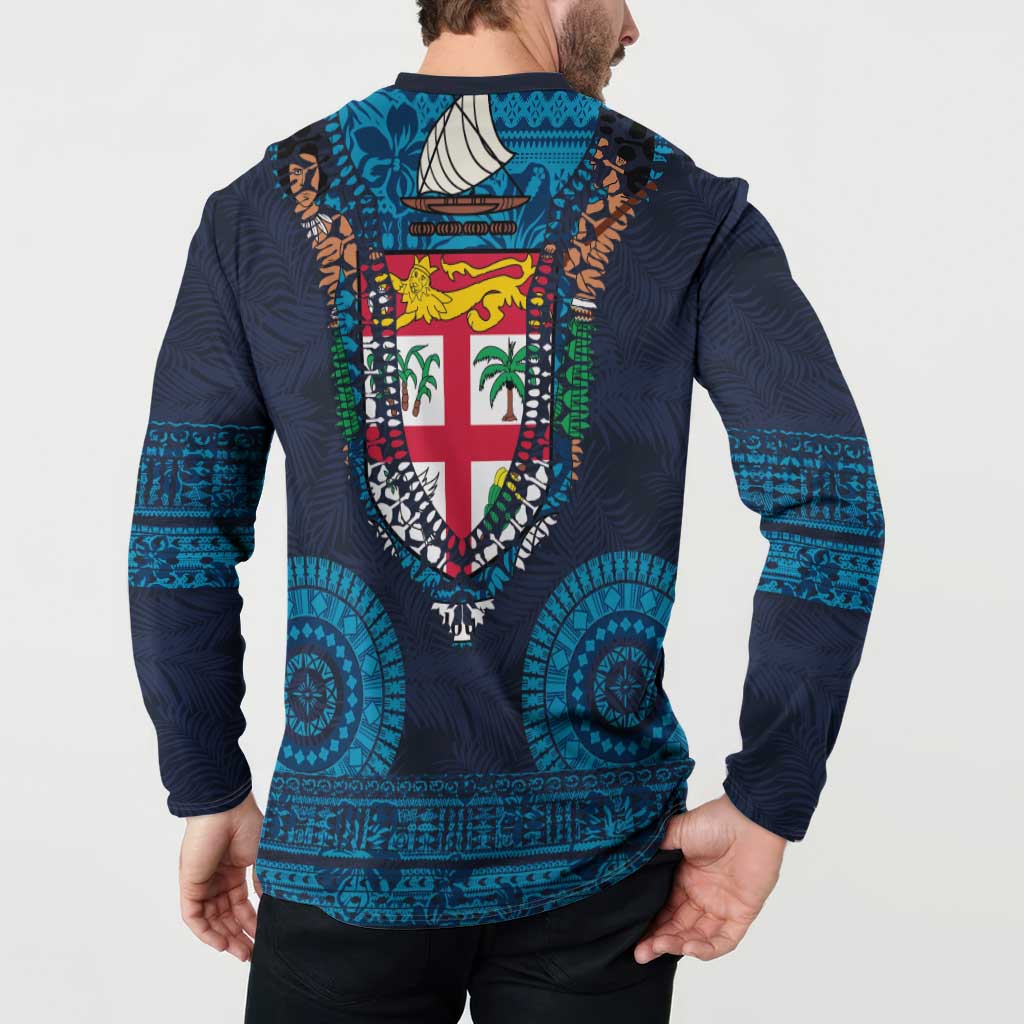 Fiji Coat of Arms Traditional Dashiki Button Sweatshirt Tapa Art and Palm Leaves Pattern Dark Navy Color - Polynesian Pride