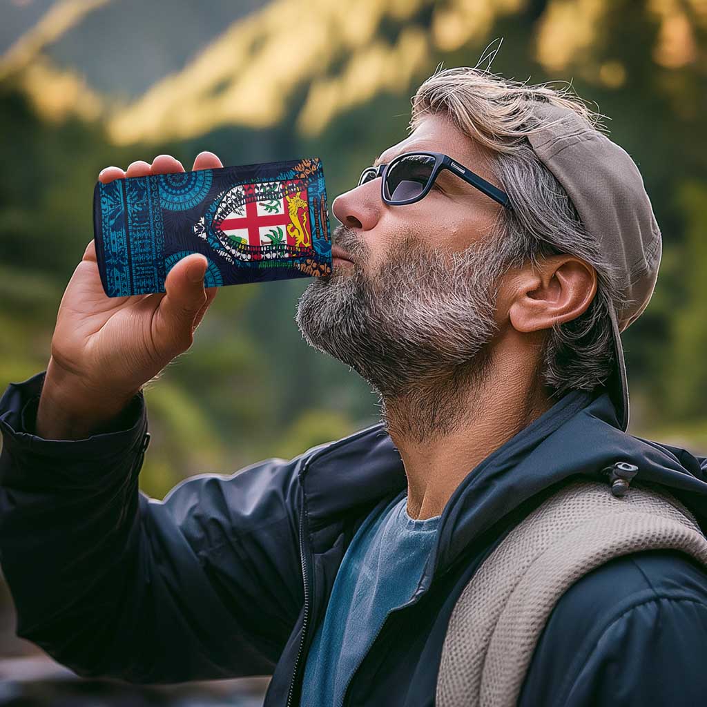 Fiji Coat of Arms Traditional Dashiki 4 in 1 Can Cooler Tumbler Tapa Art and Palm Leaves Pattern Dark Navy Color - Polynesian Pride