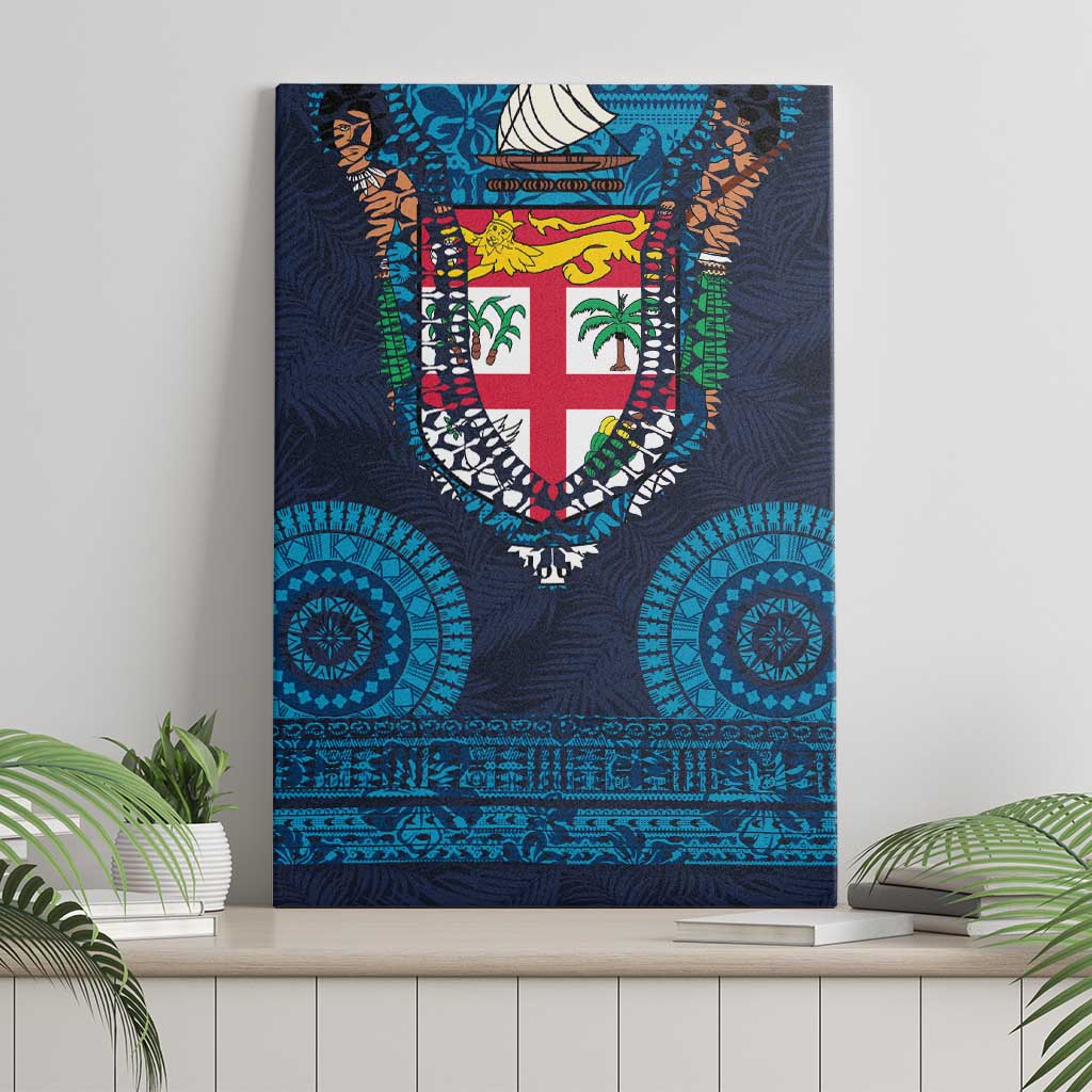 Fiji Coat of Arms Traditional Dashiki Canvas Wall Art Tapa Art and Palm Leaves Pattern Dark Navy Color - Polynesian Pride