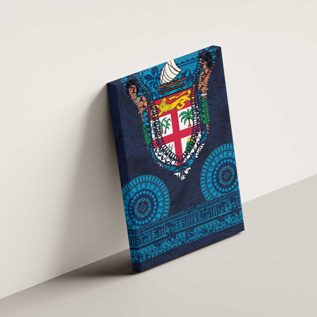 Fiji Coat of Arms Traditional Dashiki Canvas Wall Art Tapa Art and Palm Leaves Pattern Dark Navy Color - Polynesian Pride
