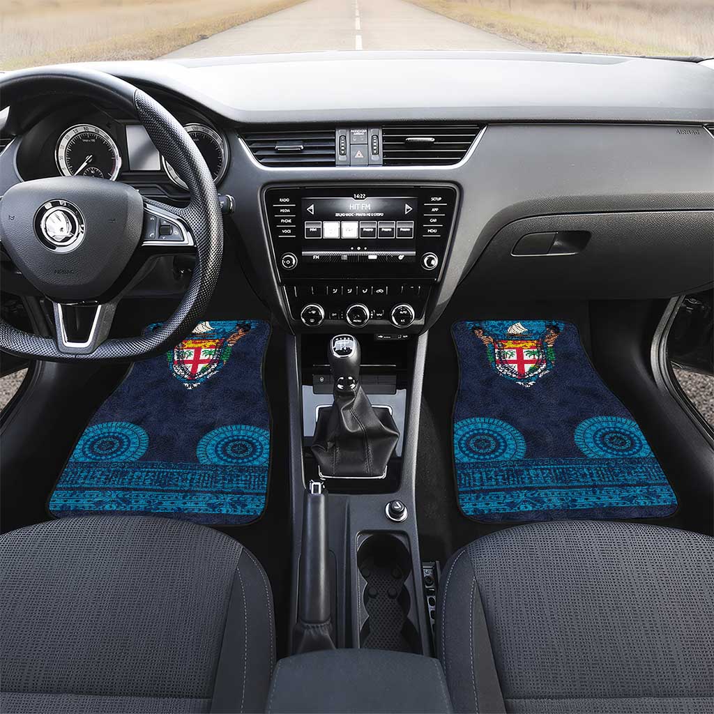 Fiji Coat of Arms Traditional Dashiki Car Mats Tapa Art and Palm Leaves Pattern Dark Navy Color - Polynesian Pride