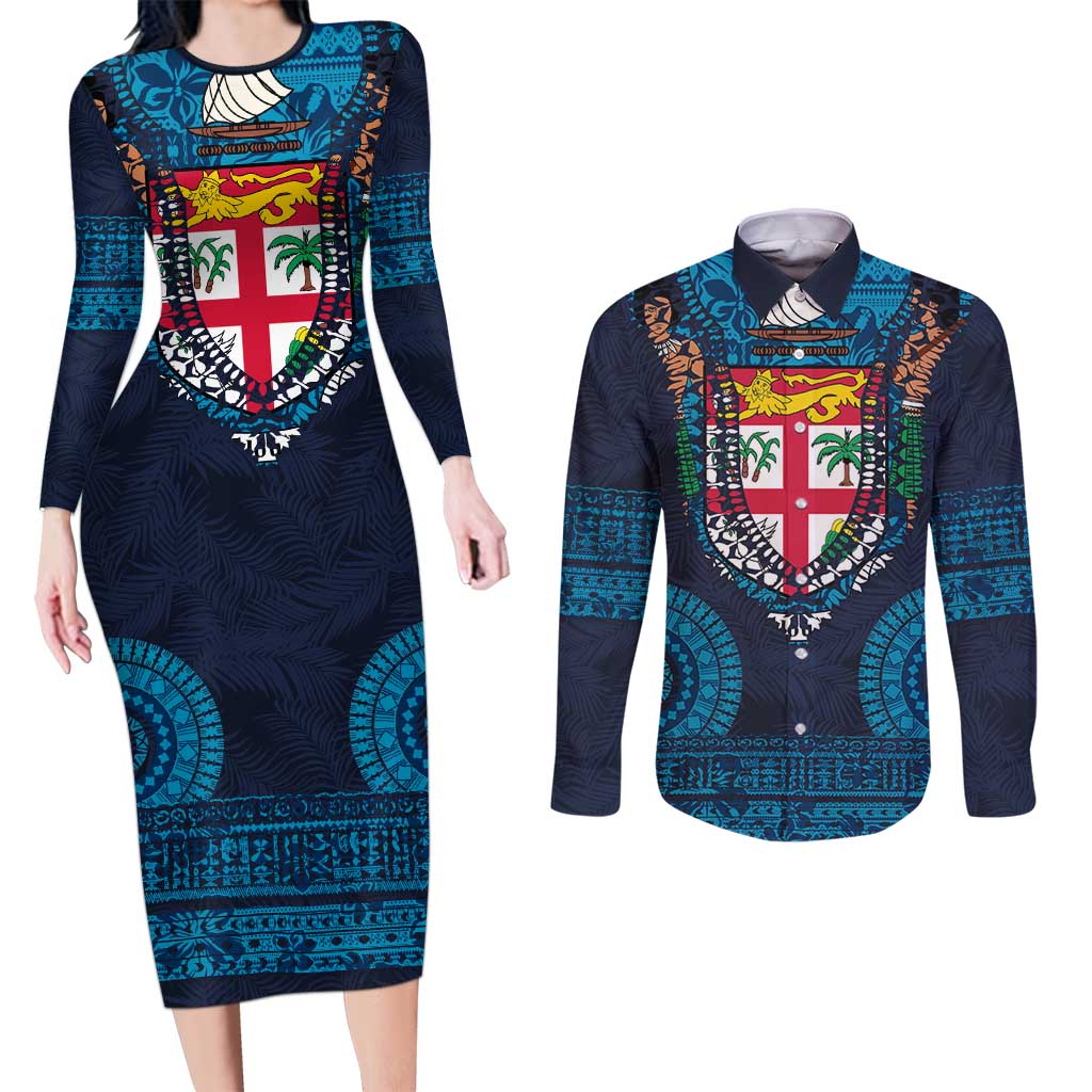 Fiji Coat of Arms Traditional Dashiki Couples Matching Long Sleeve Bodycon Dress and Long Sleeve Button Shirt Tapa Art and Palm Leaves Pattern Dark Navy Color - Polynesian Pride
