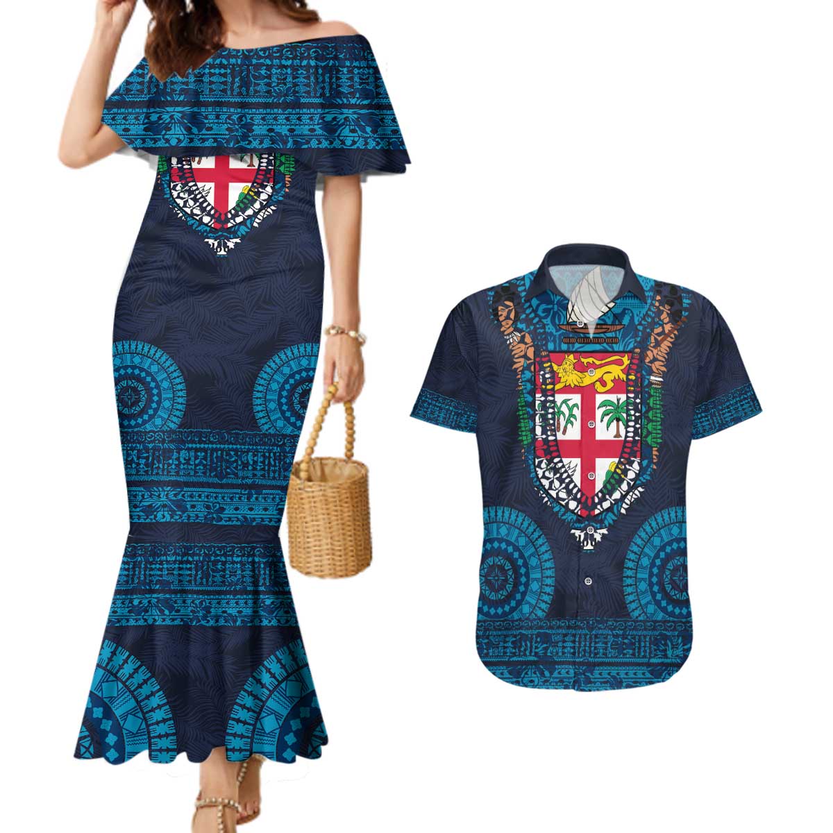 Fiji Coat of Arms Traditional Dashiki Couples Matching Mermaid Dress and Hawaiian Shirt Tapa Art and Palm Leaves Pattern Dark Navy Color - Polynesian Pride