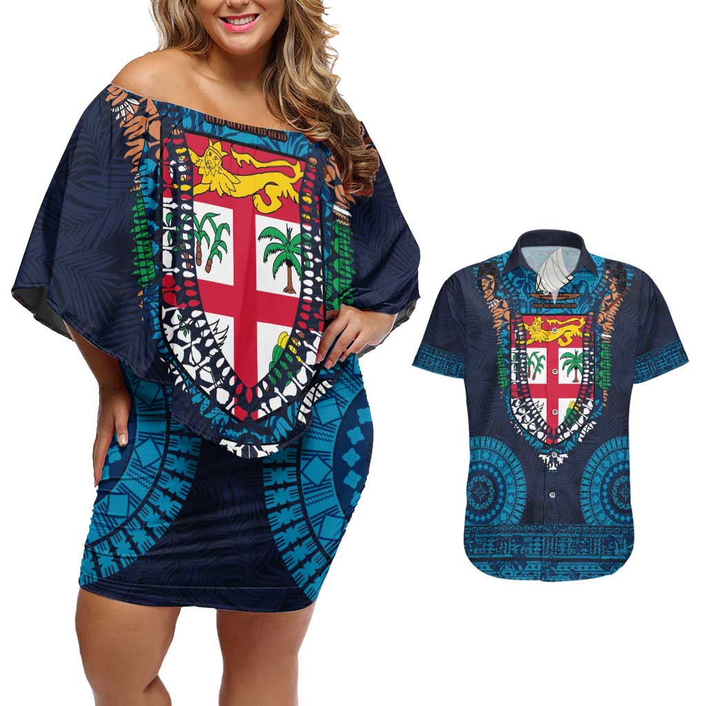 Fiji Coat of Arms Traditional Dashiki Couples Matching Off Shoulder Short Dress and Hawaiian Shirt Tapa Art and Palm Leaves Pattern Dark Navy Color - Polynesian Pride
