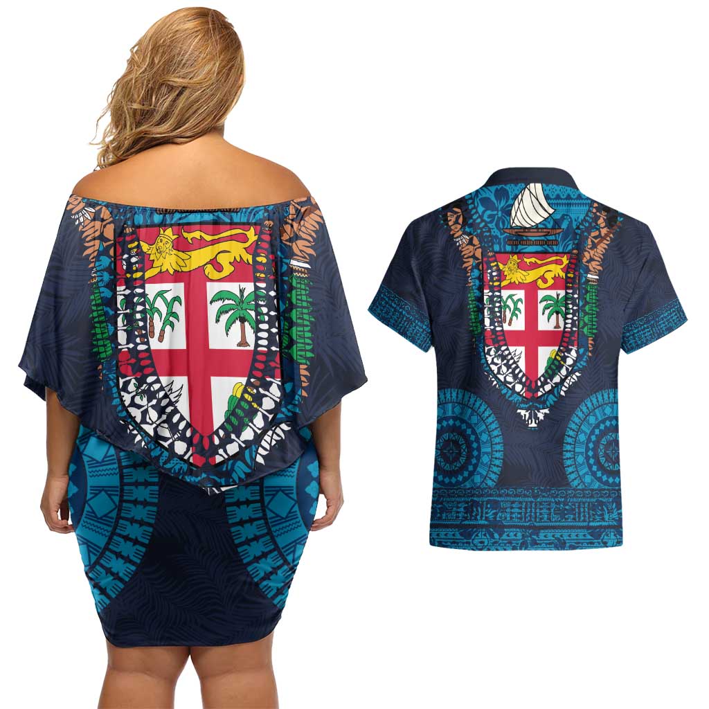 Fiji Coat of Arms Traditional Dashiki Couples Matching Off Shoulder Short Dress and Hawaiian Shirt Tapa Art and Palm Leaves Pattern Dark Navy Color - Polynesian Pride