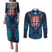 Fiji Coat of Arms Traditional Dashiki Couples Matching Puletasi and Long Sleeve Button Shirt Tapa Art and Palm Leaves Pattern Dark Navy Color - Polynesian Pride