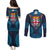 Fiji Coat of Arms Traditional Dashiki Couples Matching Puletasi and Long Sleeve Button Shirt Tapa Art and Palm Leaves Pattern Dark Navy Color - Polynesian Pride