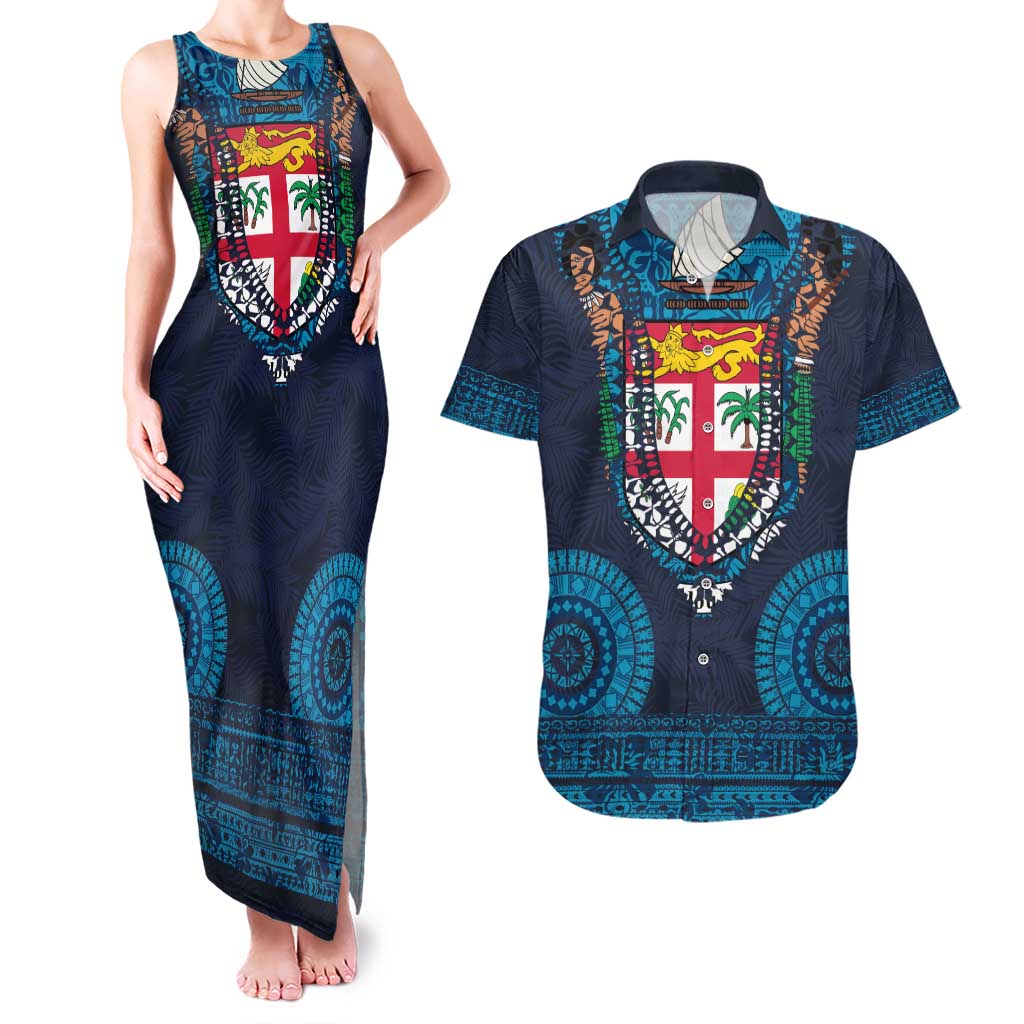 Fiji Coat of Arms Traditional Dashiki Couples Matching Tank Maxi Dress and Hawaiian Shirt Tapa Art and Palm Leaves Pattern Dark Navy Color - Polynesian Pride