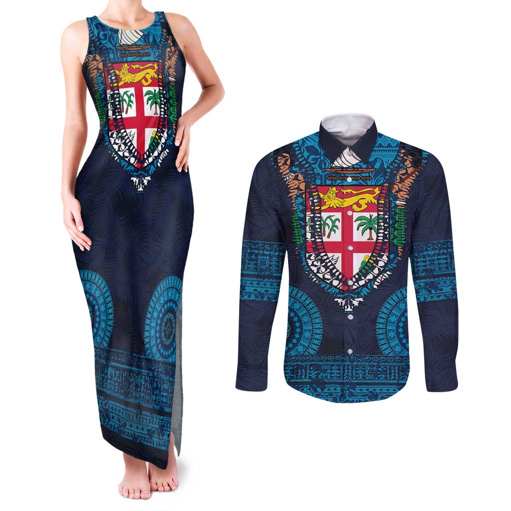 Fiji Coat of Arms Traditional Dashiki Couples Matching Tank Maxi Dress and Long Sleeve Button Shirt Tapa Art and Palm Leaves Pattern Dark Navy Color - Polynesian Pride