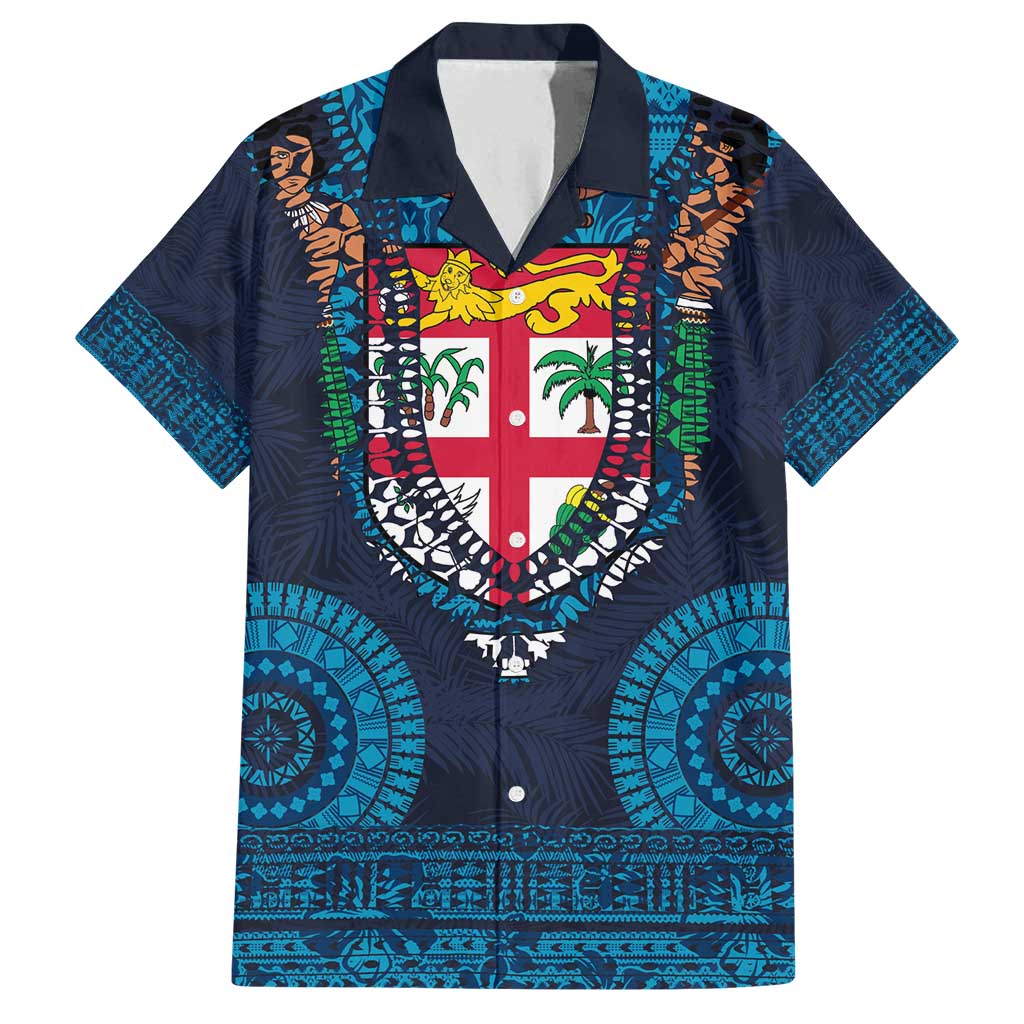 Fiji Coat of Arms Traditional Dashiki Family Matching Long Sleeve Bodycon Dress and Hawaiian Shirt Tapa Art and Palm Leaves Pattern Dark Navy Color - Polynesian Pride