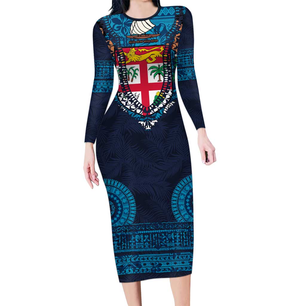 Fiji Coat of Arms Traditional Dashiki Family Matching Long Sleeve Bodycon Dress and Hawaiian Shirt Tapa Art and Palm Leaves Pattern Dark Navy Color - Polynesian Pride