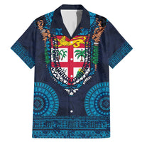 Fiji Coat of Arms Traditional Dashiki Family Matching Mermaid Dress and Hawaiian Shirt Tapa Art and Palm Leaves Pattern Dark Navy Color - Polynesian Pride