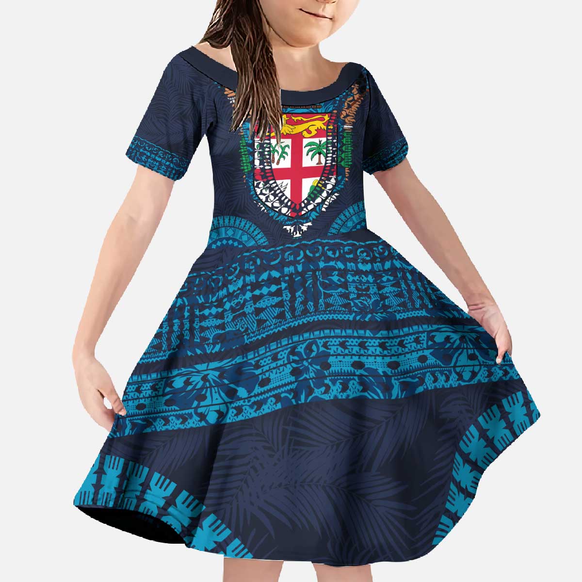 Fiji Coat of Arms Traditional Dashiki Family Matching Off The Shoulder Long Sleeve Dress and Hawaiian Shirt Tapa Art and Palm Leaves Pattern Dark Navy Color - Polynesian Pride