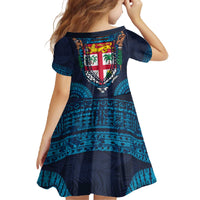 Fiji Coat of Arms Traditional Dashiki Family Matching Off The Shoulder Long Sleeve Dress and Hawaiian Shirt Tapa Art and Palm Leaves Pattern Dark Navy Color - Polynesian Pride