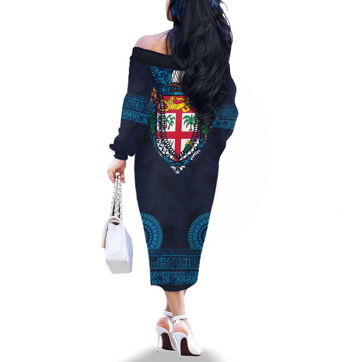 Fiji Coat of Arms Traditional Dashiki Family Matching Off The Shoulder Long Sleeve Dress and Hawaiian Shirt Tapa Art and Palm Leaves Pattern Dark Navy Color - Polynesian Pride