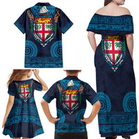 Fiji Coat of Arms Traditional Dashiki Family Matching Off Shoulder Maxi Dress and Hawaiian Shirt Tapa Art and Palm Leaves Pattern Dark Navy Color - Polynesian Pride