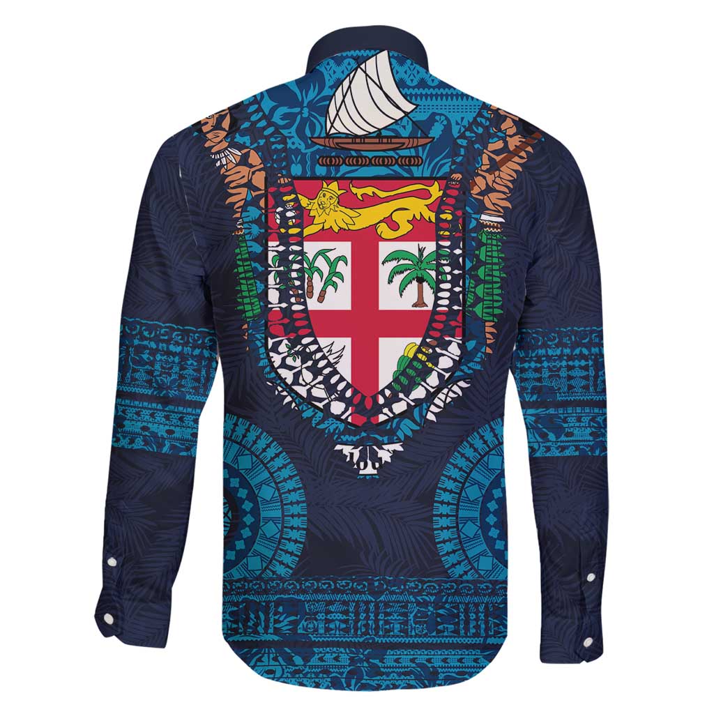 Fiji Coat of Arms Traditional Dashiki Family Matching Off Shoulder Short Dress and Hawaiian Shirt Tapa Art and Palm Leaves Pattern Dark Navy Color - Polynesian Pride