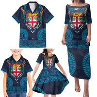 Fiji Coat of Arms Traditional Dashiki Family Matching Puletasi and Hawaiian Shirt Tapa Art and Palm Leaves Pattern Dark Navy Color - Polynesian Pride