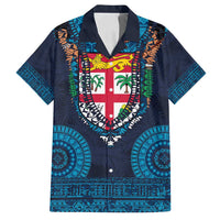 Fiji Coat of Arms Traditional Dashiki Family Matching Puletasi and Hawaiian Shirt Tapa Art and Palm Leaves Pattern Dark Navy Color - Polynesian Pride