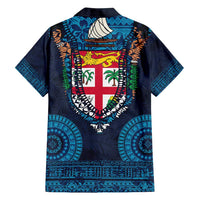 Fiji Coat of Arms Traditional Dashiki Family Matching Puletasi and Hawaiian Shirt Tapa Art and Palm Leaves Pattern Dark Navy Color - Polynesian Pride