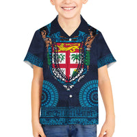 Fiji Coat of Arms Traditional Dashiki Family Matching Puletasi and Hawaiian Shirt Tapa Art and Palm Leaves Pattern Dark Navy Color - Polynesian Pride