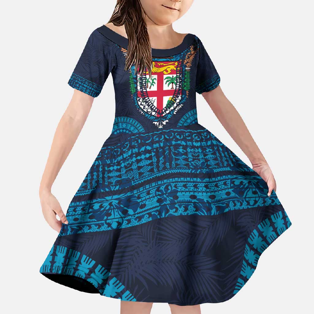 Fiji Coat of Arms Traditional Dashiki Family Matching Short Sleeve Bodycon Dress and Hawaiian Shirt Tapa Art and Palm Leaves Pattern Dark Navy Color - Polynesian Pride