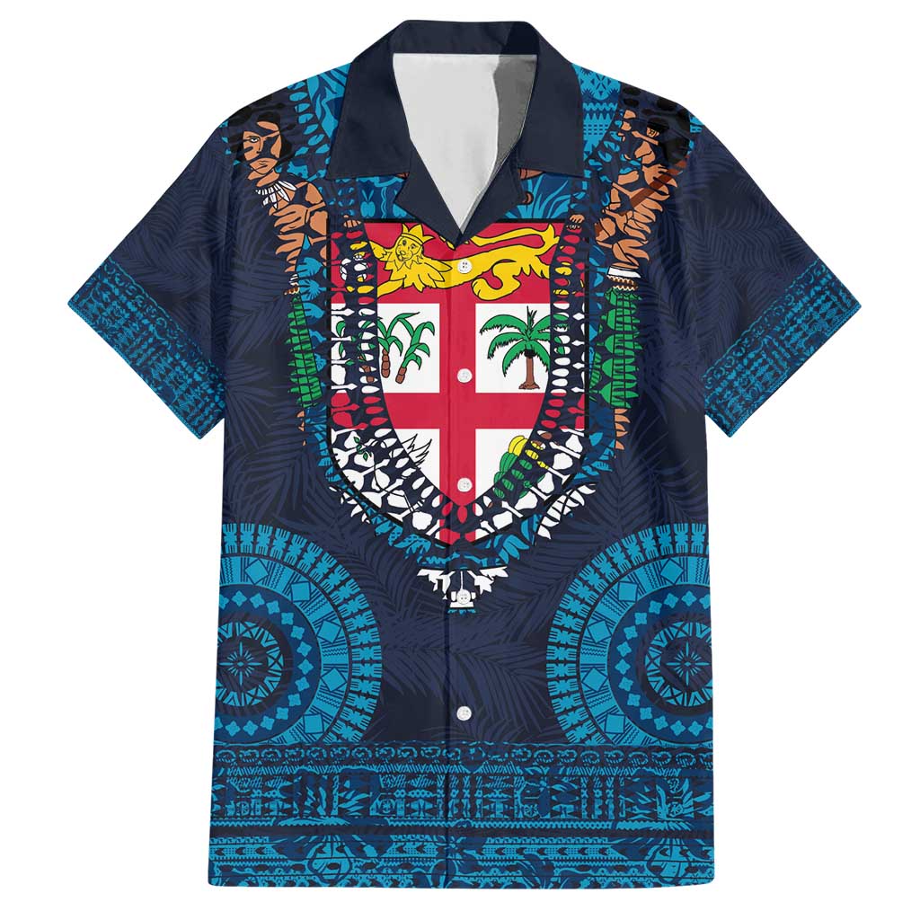 Fiji Coat of Arms Traditional Dashiki Family Matching Short Sleeve Bodycon Dress and Hawaiian Shirt Tapa Art and Palm Leaves Pattern Dark Navy Color - Polynesian Pride