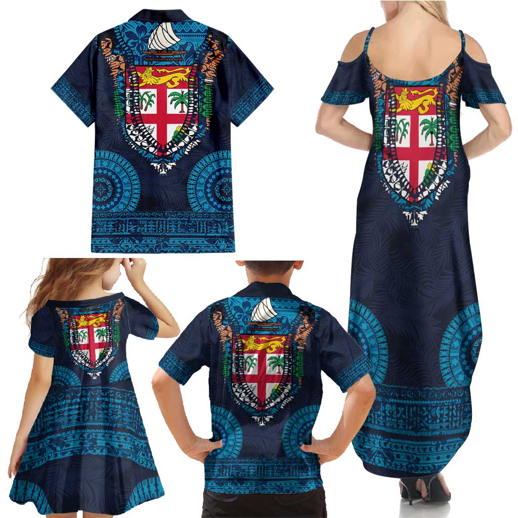 Fiji Coat of Arms Traditional Dashiki Family Matching Summer Maxi Dress and Hawaiian Shirt Tapa Art and Palm Leaves Pattern Dark Navy Color - Polynesian Pride