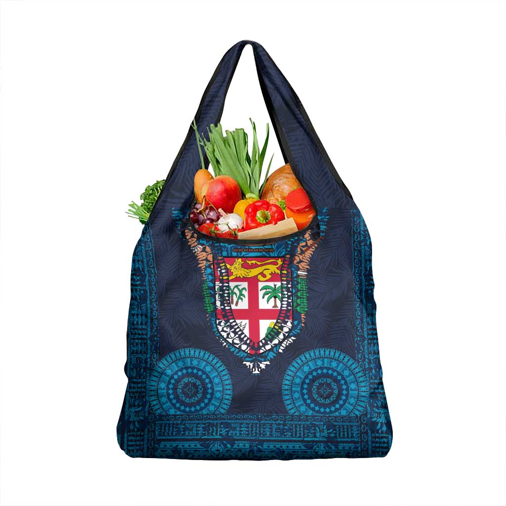 Fiji Coat of Arms Traditional Dashiki Grocery Bag Tapa Art and Palm Leaves Pattern Dark Navy Color - Polynesian Pride