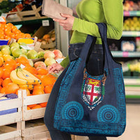Fiji Coat of Arms Traditional Dashiki Grocery Bag Tapa Art and Palm Leaves Pattern Dark Navy Color - Polynesian Pride