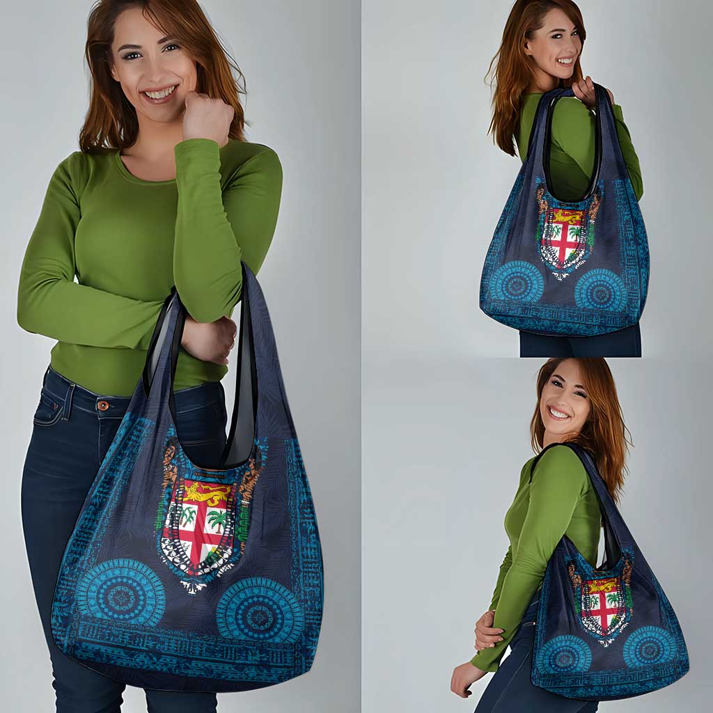 Fiji Coat of Arms Traditional Dashiki Grocery Bag Tapa Art and Palm Leaves Pattern Dark Navy Color - Polynesian Pride