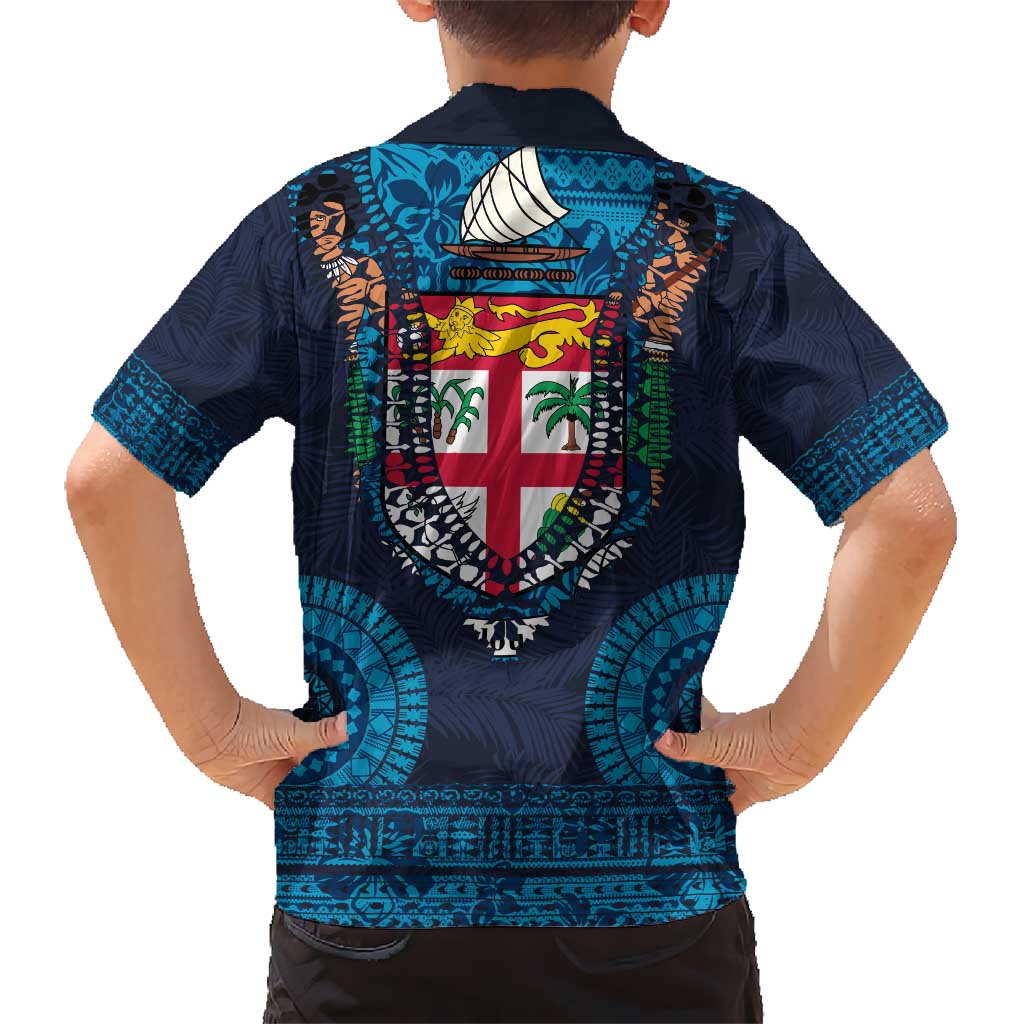 Fiji Coat of Arms Traditional Dashiki Hawaiian Shirt Tapa Art and Palm Leaves Pattern Dark Navy Color - Polynesian Pride