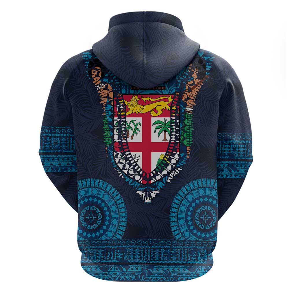 Fiji Coat of Arms Traditional Dashiki Hoodie Tapa Art and Palm Leaves Pattern Dark Navy Color - Polynesian Pride