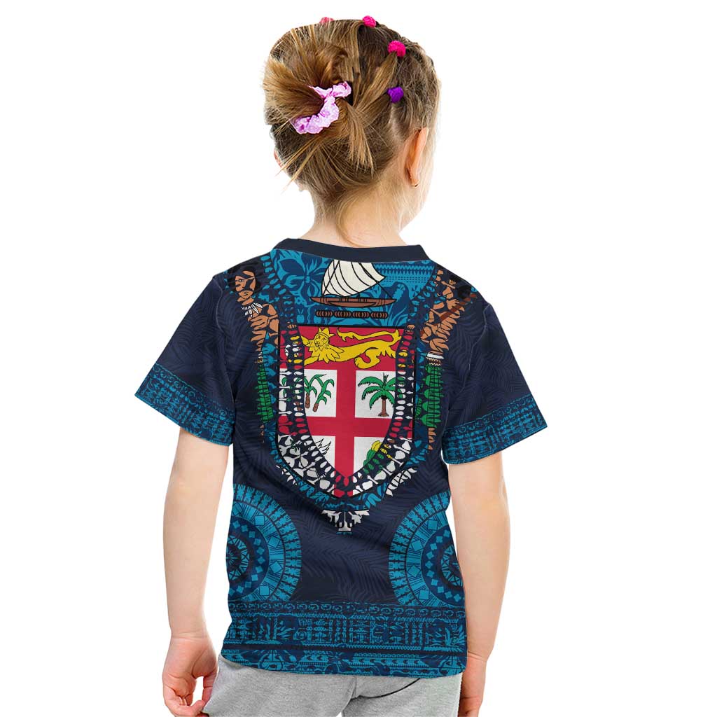 Fiji Coat of Arms Traditional Dashiki Kid T Shirt Tapa Art and Palm Leaves Pattern Dark Navy Color - Polynesian Pride