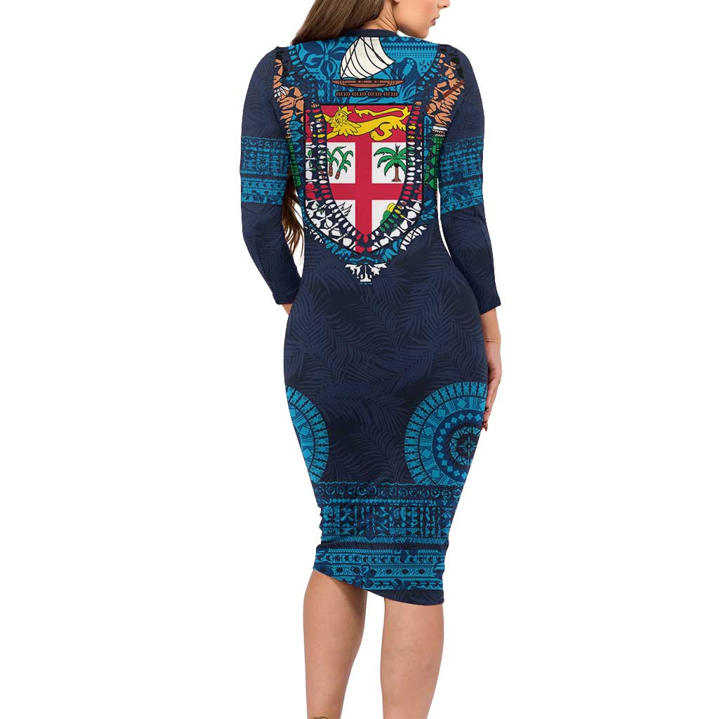 Fiji Coat of Arms Traditional Dashiki Long Sleeve Bodycon Dress Tapa Art and Palm Leaves Pattern Dark Navy Color - Polynesian Pride