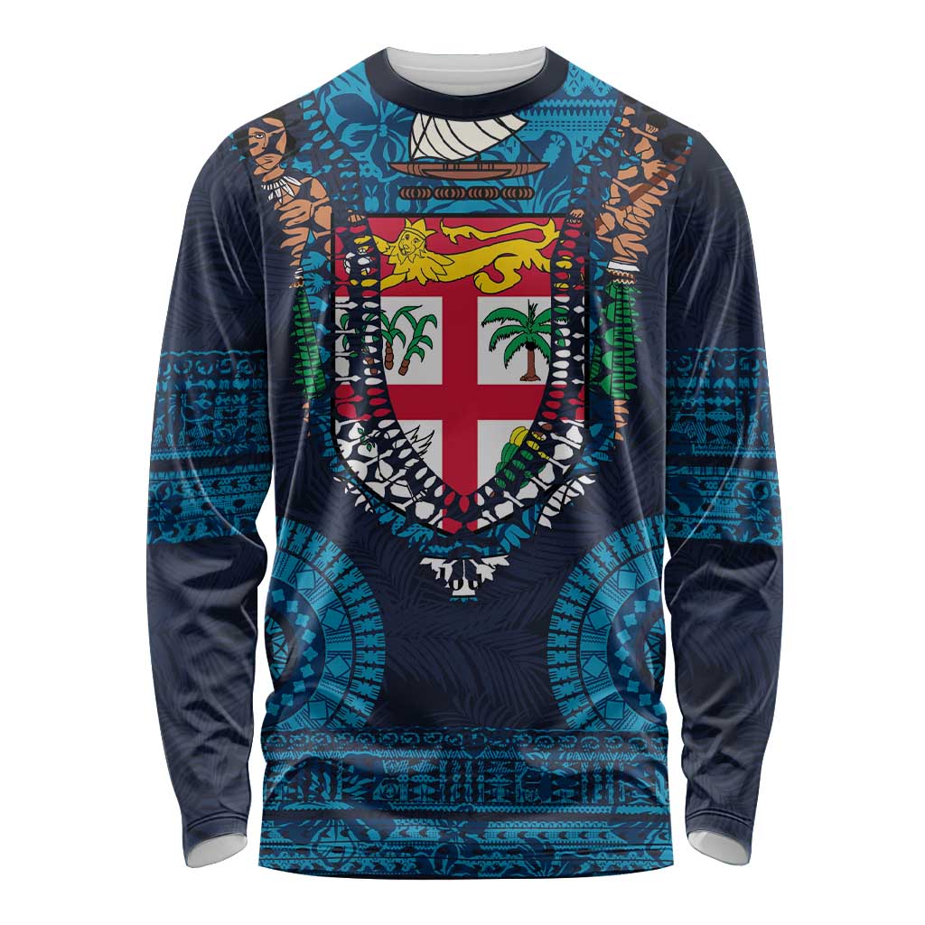Fiji Coat of Arms Traditional Dashiki Long Sleeve Shirt Tapa Art and Palm Leaves Pattern Dark Navy Color LT03 Unisex Navy - Polynesian Pride