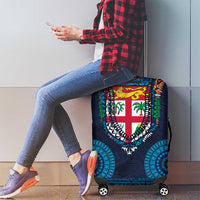 Fiji Coat of Arms Traditional Dashiki Luggage Cover Tapa Art and Palm Leaves Pattern Dark Navy Color - Polynesian Pride