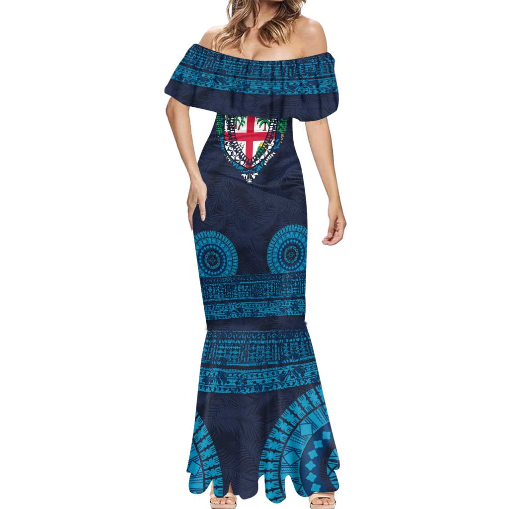 Fiji Coat of Arms Traditional Dashiki Mermaid Dress Tapa Art and Palm Leaves Pattern Dark Navy Color - Polynesian Pride