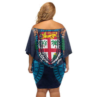 Fiji Coat of Arms Traditional Dashiki Off Shoulder Short Dress Tapa Art and Palm Leaves Pattern Dark Navy Color - Polynesian Pride