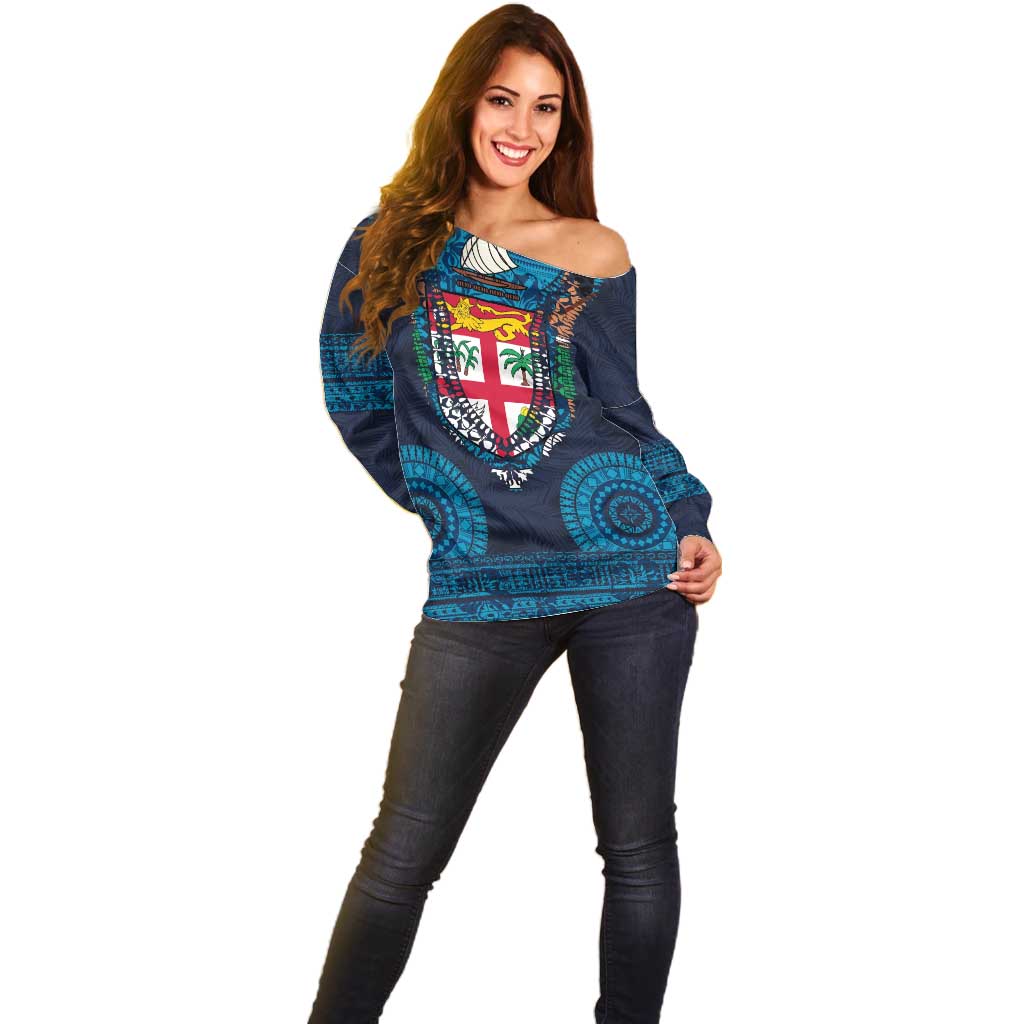 Fiji Coat of Arms Traditional Dashiki Off Shoulder Sweater Tapa Art and Palm Leaves Pattern Dark Navy Color - Polynesian Pride