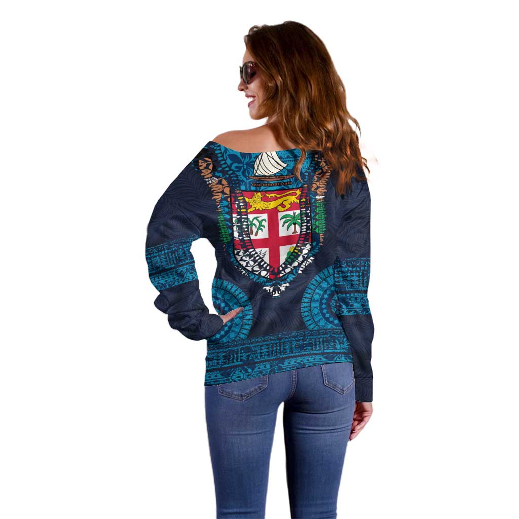Fiji Coat of Arms Traditional Dashiki Off Shoulder Sweater Tapa Art and Palm Leaves Pattern Dark Navy Color - Polynesian Pride