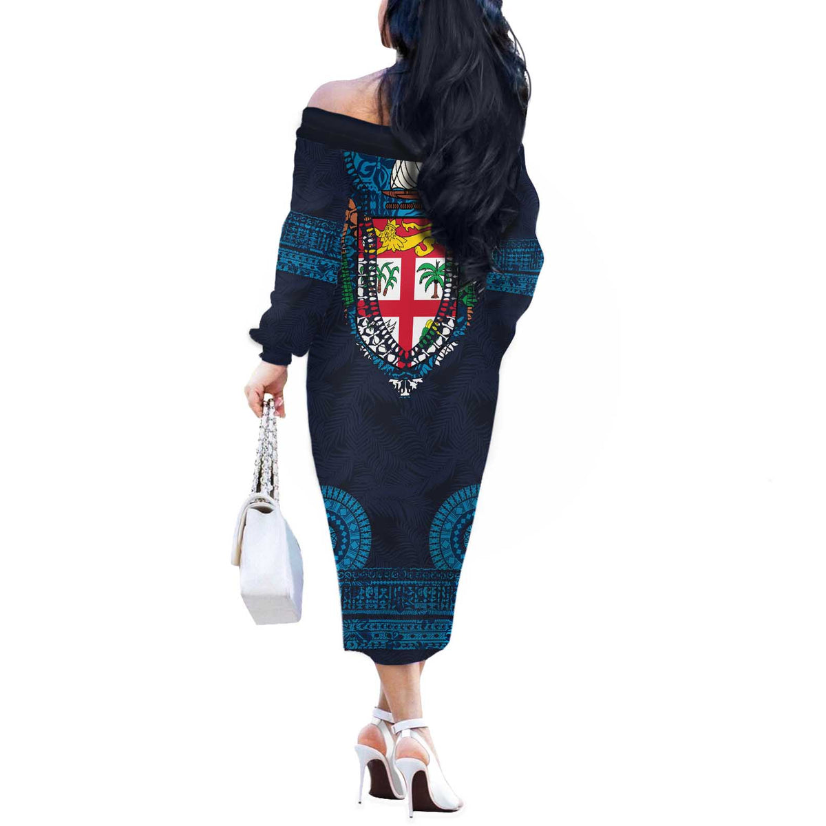 Fiji Coat of Arms Traditional Dashiki Off The Shoulder Long Sleeve Dress Tapa Art and Palm Leaves Pattern Dark Navy Color - Polynesian Pride