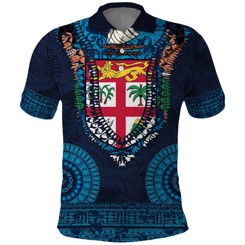 Fiji Coat of Arms Traditional Dashiki Polo Shirt Tapa Art and Palm Leaves Pattern Dark Navy Color - Polynesian Pride