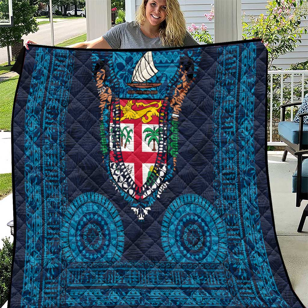 Fiji Coat of Arms Traditional Dashiki Quilt Tapa Art and Palm Leaves Pattern Dark Navy Color - Polynesian Pride