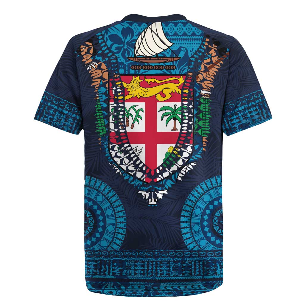 Fiji Coat of Arms Traditional Dashiki Rugby Jersey Tapa Art and Palm Leaves Pattern Dark Navy Color - Polynesian Pride