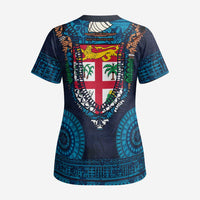 Fiji Coat of Arms Traditional Dashiki Scrub Top Tapa Art and Palm Leaves Pattern Dark Navy Color - Polynesian Pride