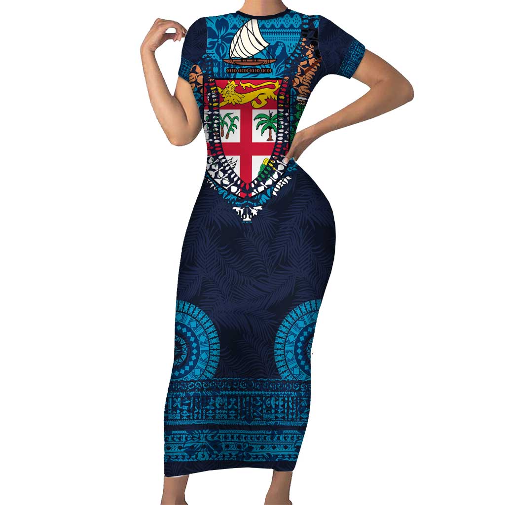 Fiji Coat of Arms Traditional Dashiki Short Sleeve Bodycon Dress Tapa Art and Palm Leaves Pattern Dark Navy Color - Polynesian Pride