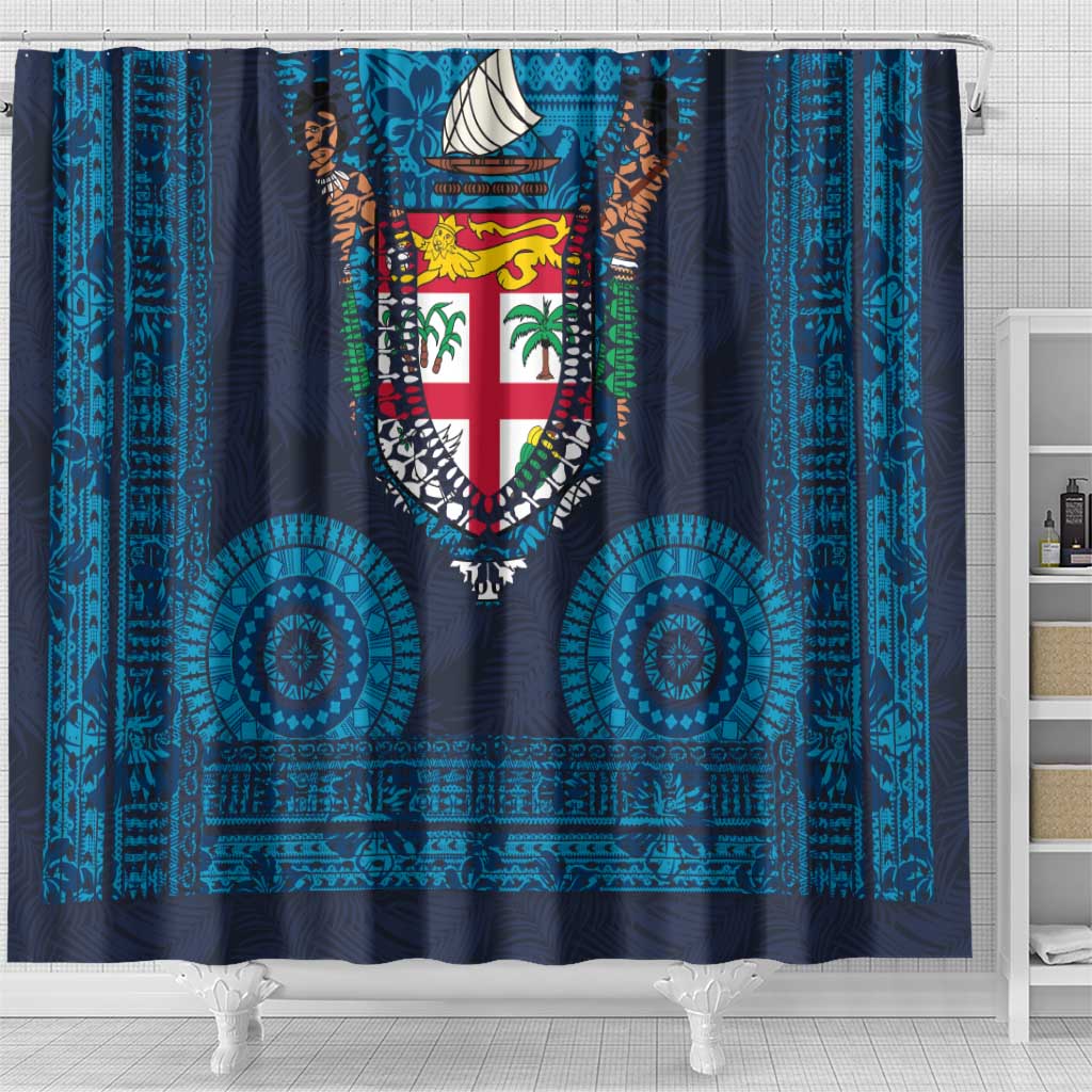 Fiji Coat of Arms Traditional Dashiki Shower Curtain Tapa Art and Palm Leaves Pattern Dark Navy Color - Polynesian Pride